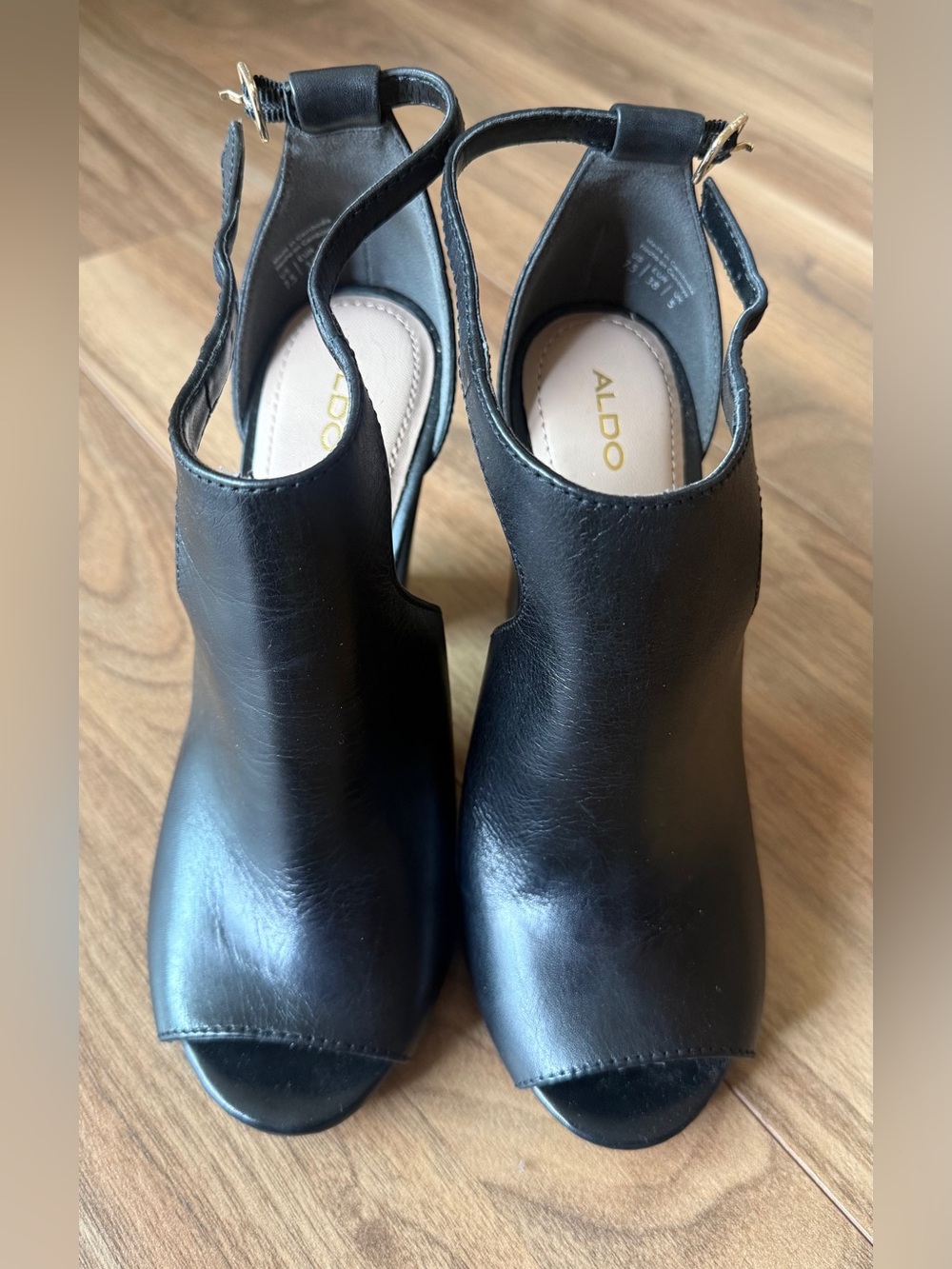 ALDO Black Peep-Toe Ankle Strap Block Heels